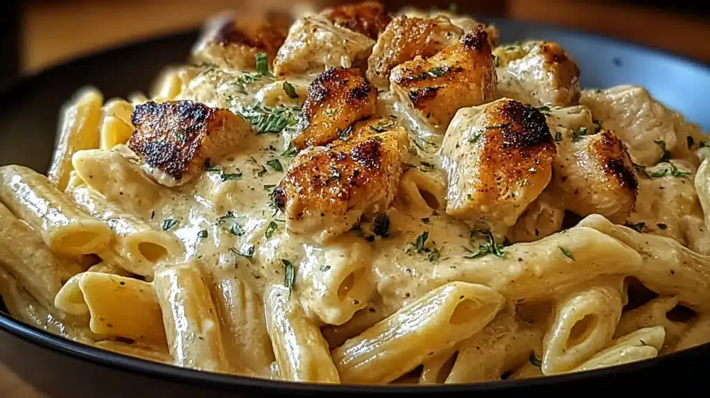 Creamy Cajun Chicken Pasta served with penne pasta coated in a smooth Cajun cream sauce and topped with golden-browned chicken