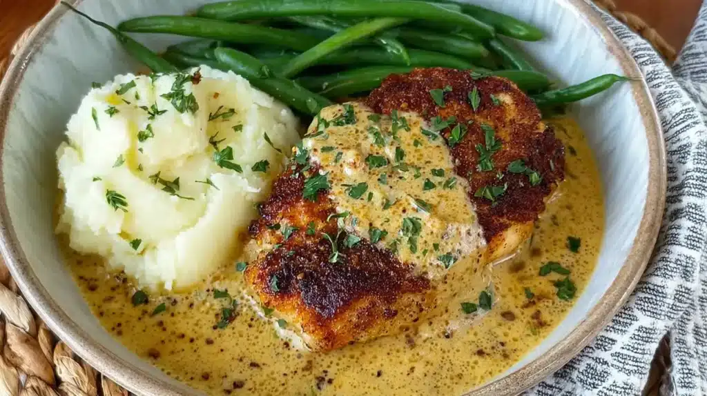 Creamy Garlic Chicken breast served in a bowl with mashed potatoes, green beans and plenty of garlic cream sauce.