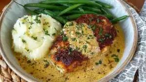 Creamy Garlic Chicken breast served in a bowl with mashed potatoes, green beans and plenty of garlic cream sauce.