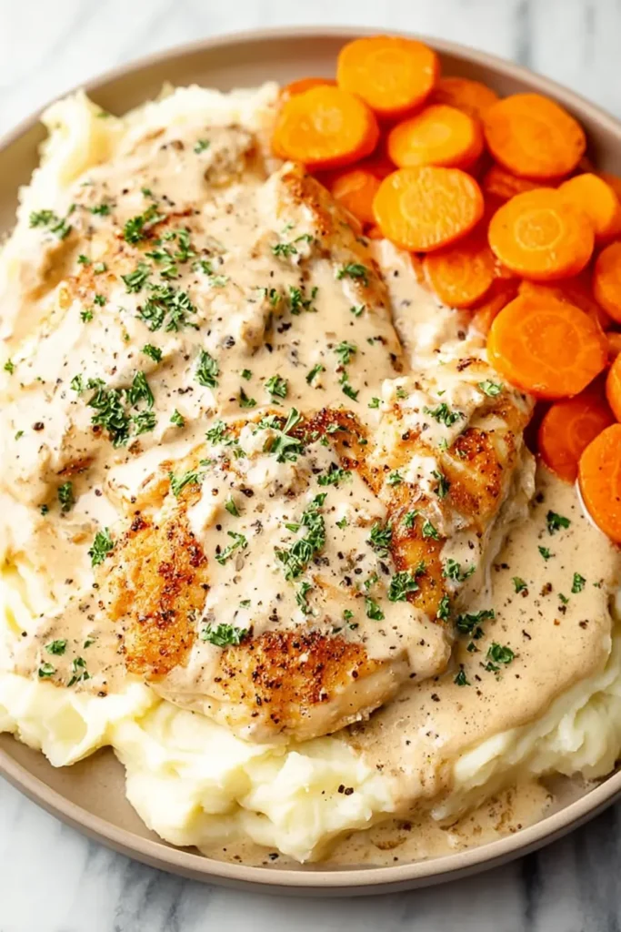 Cream Cheese Chicken served over creamy mashed potatoes with sliced carrots and a rich cream cheese sauce