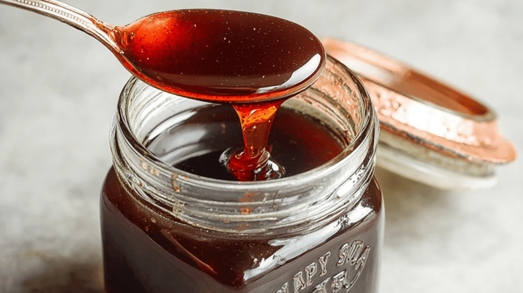 Close-up of date syrup recipe in a small glass jar with a spoon dripping thick, dark amber silan back into the jar.
