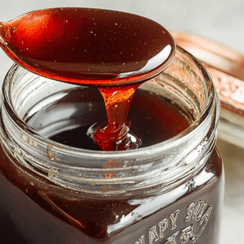 Close-up of date syrup recipe in a small glass jar with a spoon dripping thick, dark amber silan back into the jar.