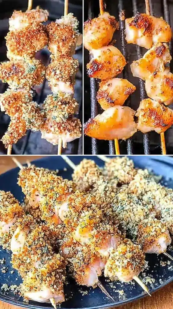 Chicken spiedini skewers on the grill and piled on a dark plate, showing plain grilled chicken pieces and breaded, golden-brown skewers ready to serve.