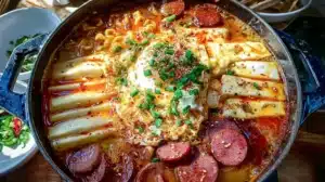 Budae Jjigae Korean Army Stew with melted cheese, ramen noodles, tofu, sausage slices, and green onions simmering in a spicy broth