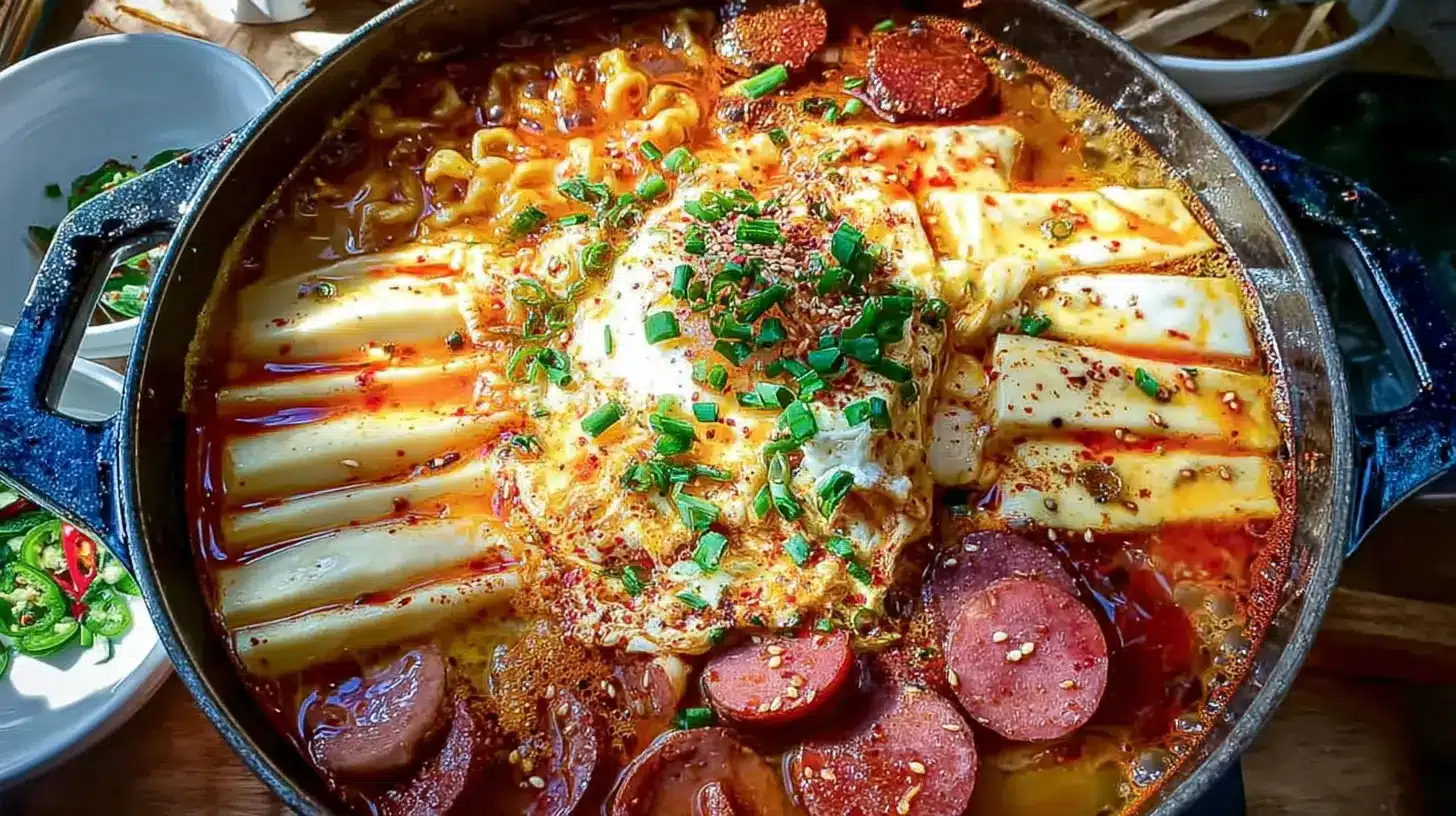 Budae Jjigae Korean Army Stew with melted cheese, ramen noodles, tofu, sausage slices, and green onions simmering in a spicy broth