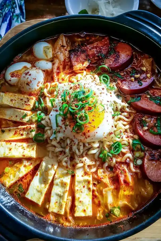 Budae Jjigae Korean Army Stew with ramen noodles, tofu slices, sausage, boiled eggs, green onions, and spicy red broth in a black pot