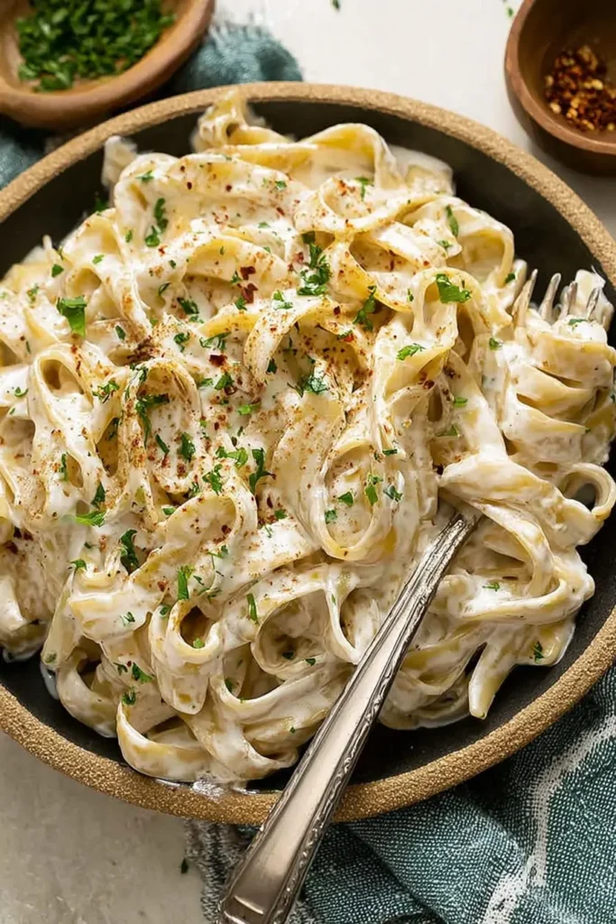 High Protein Alfredo Sauce tossed with pasta in a large bowl, topped with parsley and pepper flakes, fork resting inside