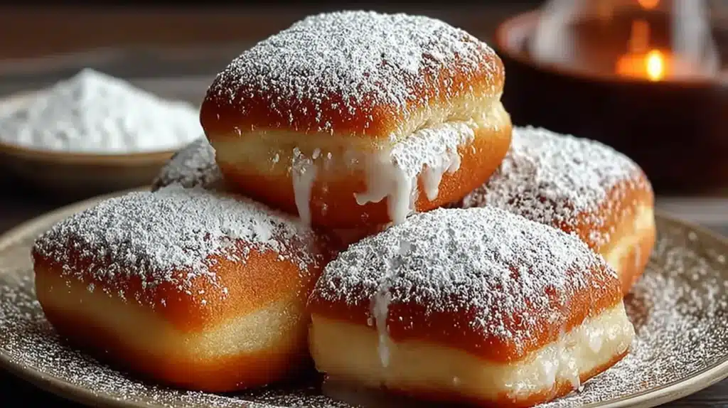 Golden square vanilla French beignets stacked on a plate, generously dusted with powdered sugar and oozing vanilla cream.