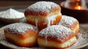 Golden square vanilla French beignets stacked on a plate, generously dusted with powdered sugar and oozing vanilla cream.