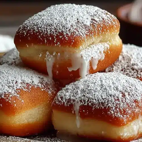 Golden square vanilla French beignets stacked on a plate, generously dusted with powdered sugar and oozing vanilla cream.