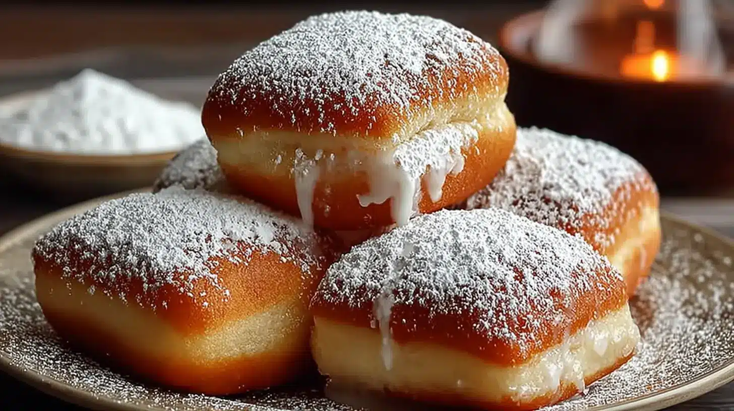 Golden square vanilla French beignets stacked on a plate, generously dusted with powdered sugar and oozing vanilla cream.