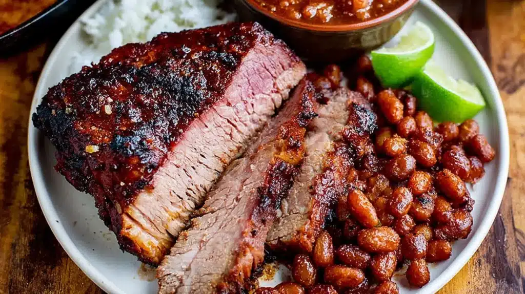 Tri Tip Steak sliced and served on a plate with beans, rice, lime wedges, and a bowl of sauce