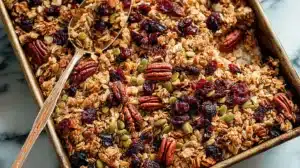 Healthy granola recipe in a large baking pan with a metal spoon resting on top, showing clusters of oats, pecans, pumpkin seeds and dried cranberries.