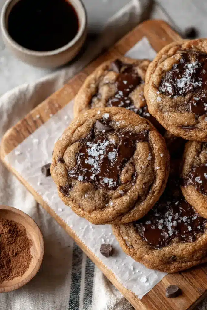 Espresso Chocolate Chip Cookies served with a cup of coffee, featuring gooey chocolate and soft bakery-style texture