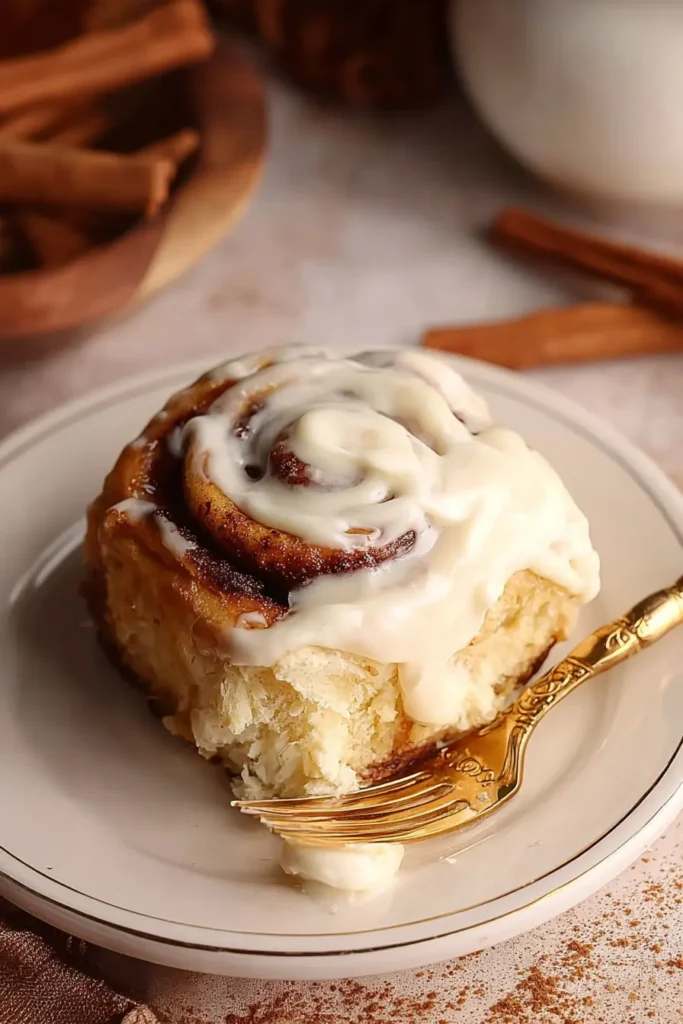 The BEST Cinnamon Roll Recipe served on a plate with thick cream cheese icing, showing soft fluffy layers and gooey cinnamon swirl
