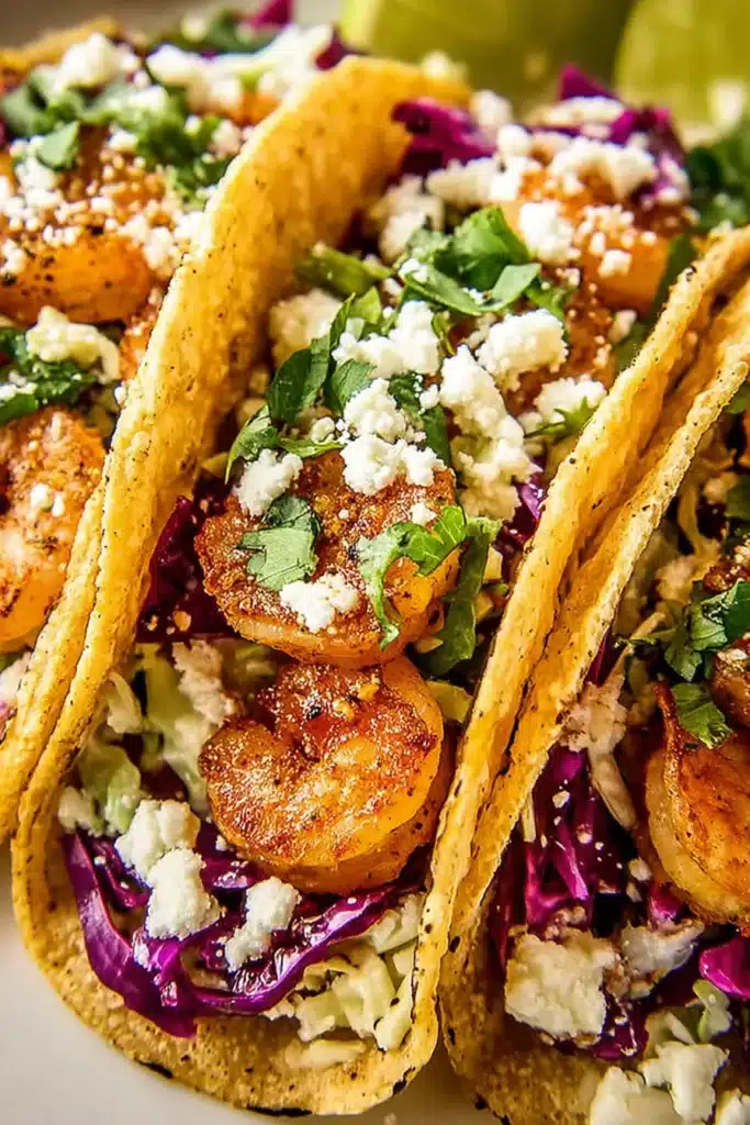 Shrimp tacos with slaw served in corn tortillas with purple cabbage, crumbled cheese, and fresh cilantro