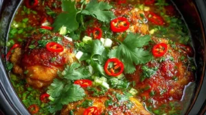 Crockpot sweet chili chicken thighs simmering in sauce, topped with cilantro leaves and sliced red chili peppers in a slow cooker