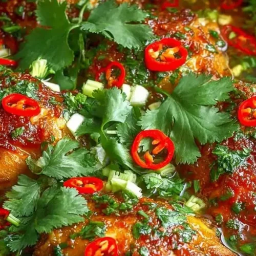 Crockpot sweet chili chicken thighs simmering in sauce, topped with cilantro leaves and sliced red chili peppers in a slow cooker