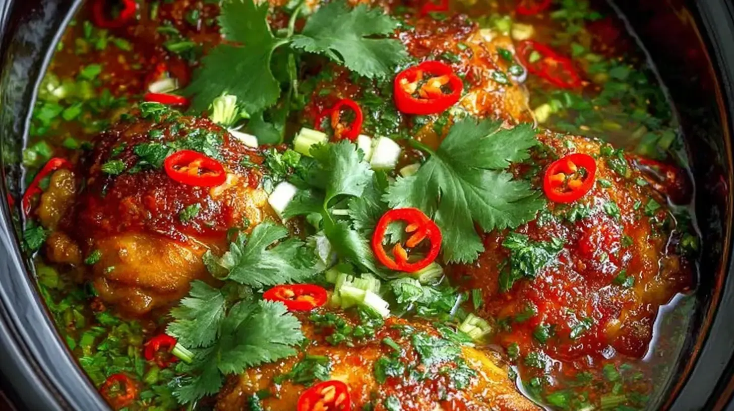 Crockpot sweet chili chicken thighs simmering in sauce, topped with cilantro leaves and sliced red chili peppers in a slow cooker