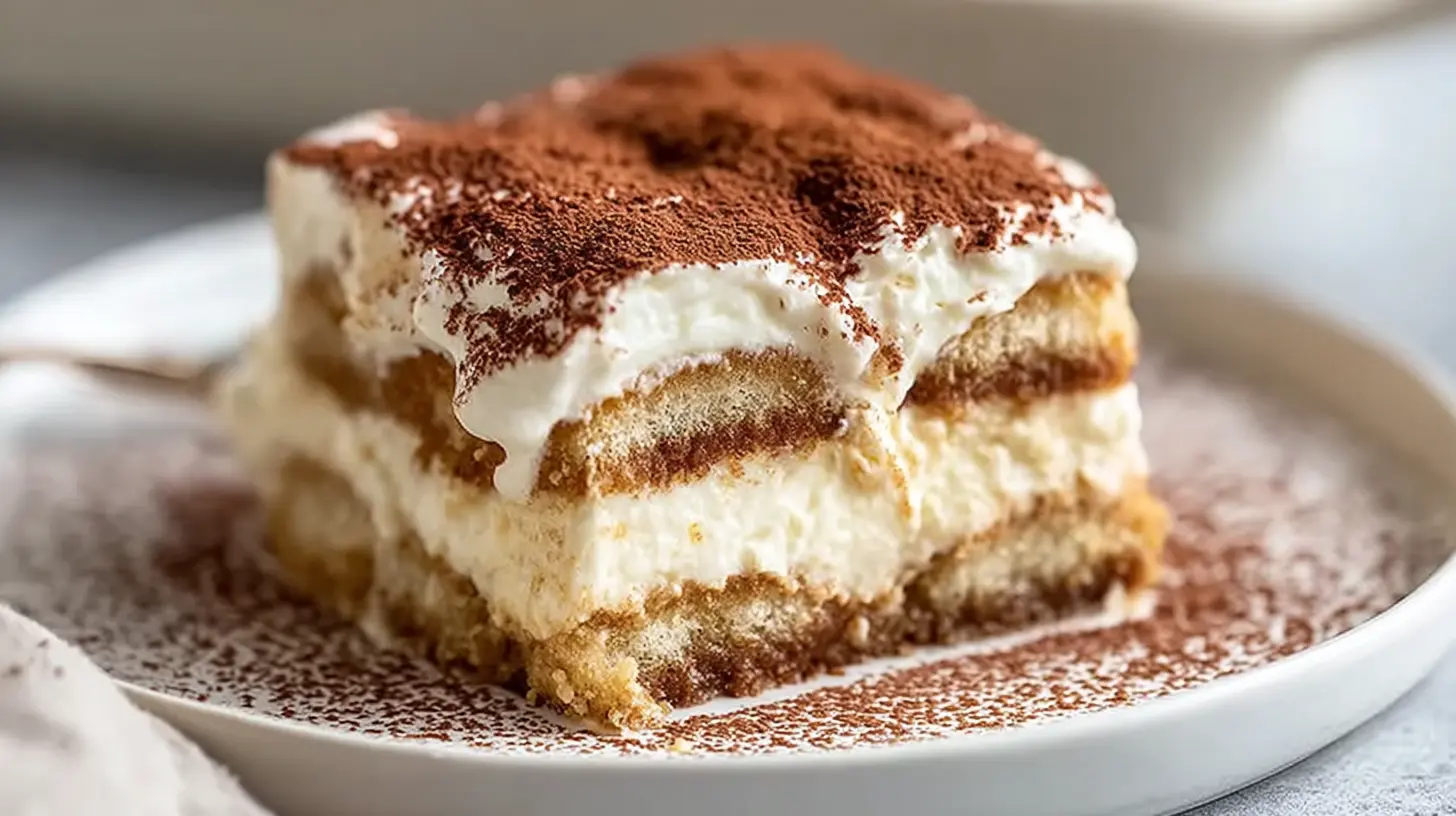 The Best Tiramisu Recipe served as a creamy layered slice with espresso-soaked ladyfingers and a cocoa-dusted top on a white plate