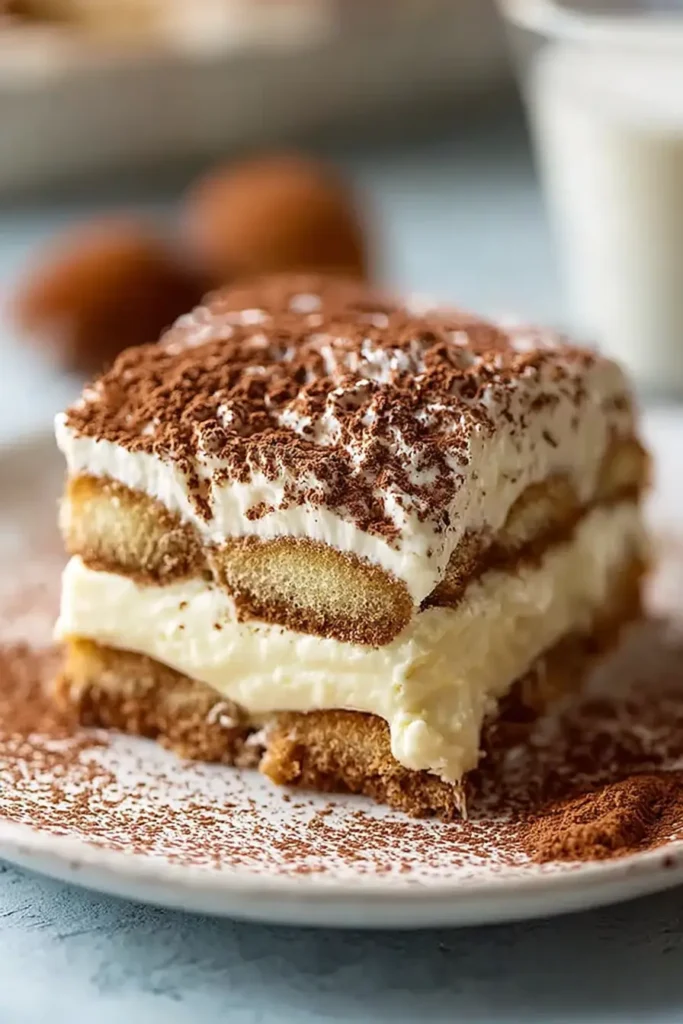 The Best Tiramisu Recipe layered square slice with thick mascarpone cream, coffee-soaked ladyfingers, and cocoa powder sprinkled across the top