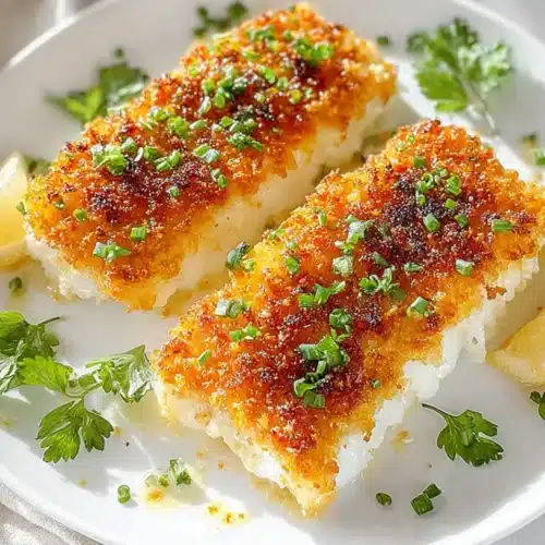 Crispy Parmesan-Crusted Cod fillets served on a white plate with lemon wedges and chopped herbs