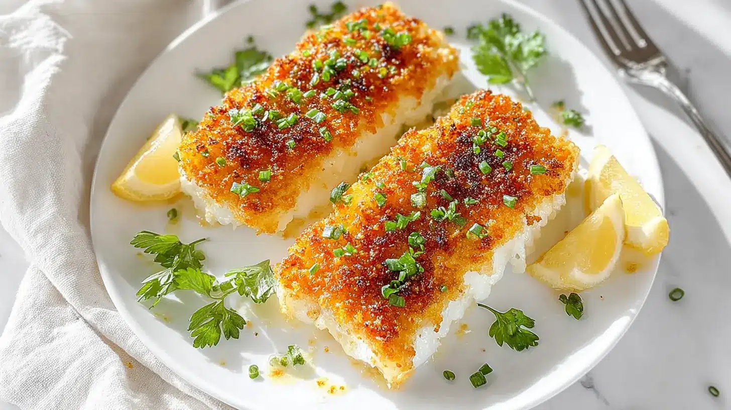Crispy Parmesan-Crusted Cod fillets served on a white plate with lemon wedges and chopped herbs