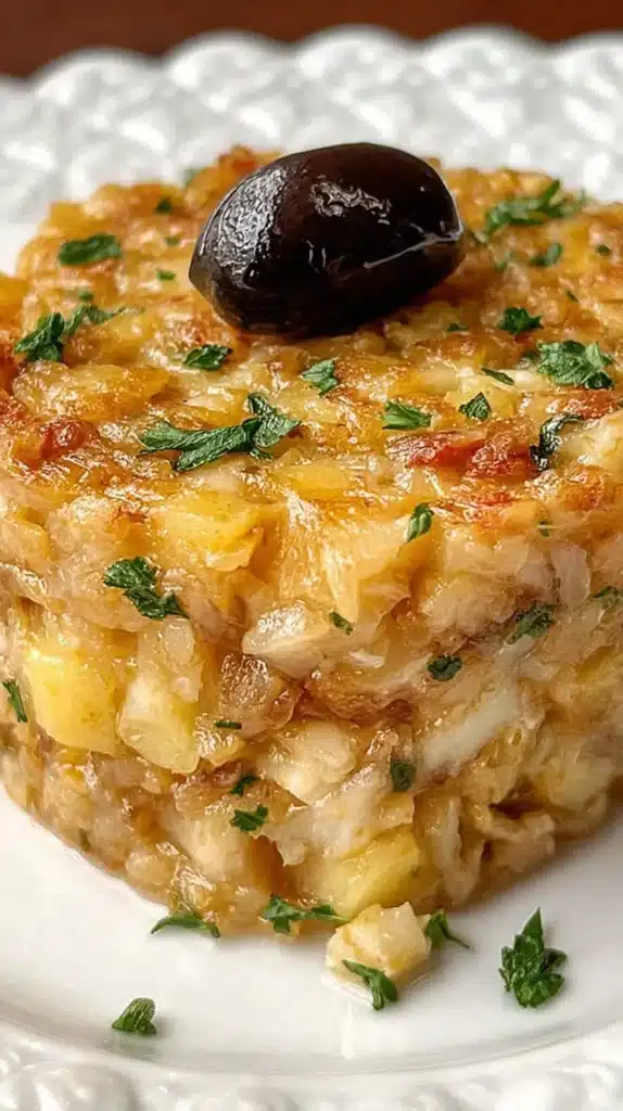 Individual serving of Bacalhau à Brás recipe molded into a round and topped with a single black olive and parsley.