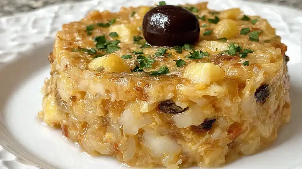 Round Bacalhau à Brás recipe on a white plate, topped with one black olive and sprinkled with chopped parsley.
