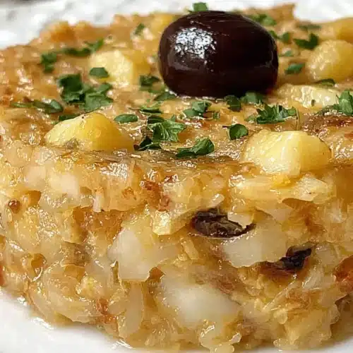 Round Bacalhau à Brás recipe on a white plate, topped with one black olive and sprinkled with chopped parsley.