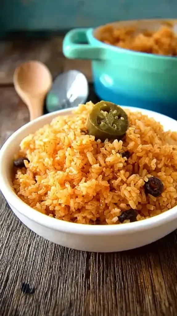 Puerto Rican rice piled high in a small white bowl, topped with a sliced jalapeño and served on a rustic wooden table.