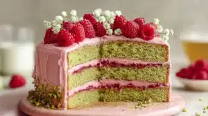 Raspberry Pistachio Cake cut open to show pistachio cake layers with raspberry filling and pink frosting topped with fresh raspberries