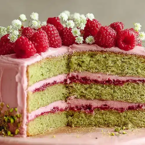 Raspberry Pistachio Cake cut open to show pistachio cake layers with raspberry filling and pink frosting topped with fresh raspberries