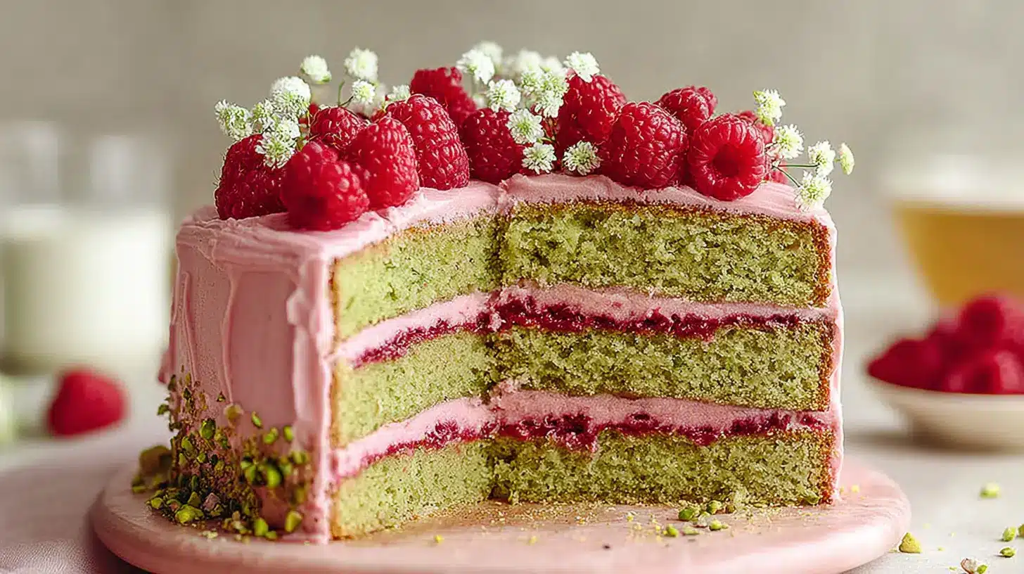 Raspberry Pistachio Cake cut open to show pistachio cake layers with raspberry filling and pink frosting topped with fresh raspberries