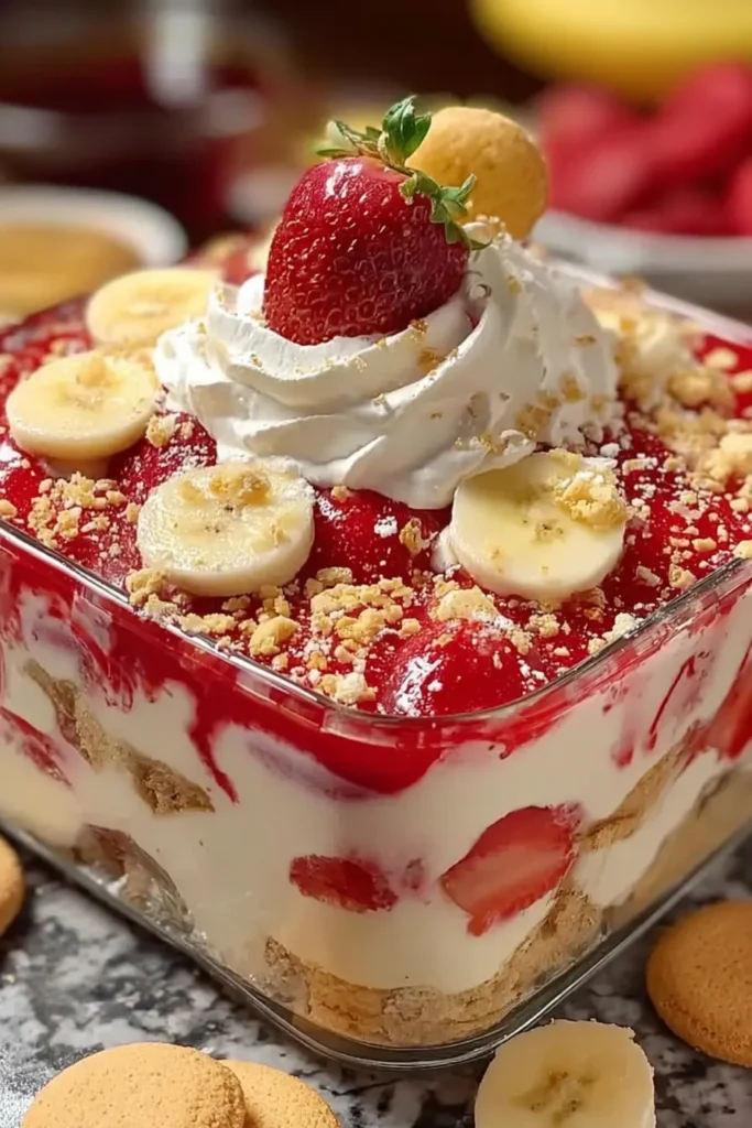 Strawberry Banana Pudding Dream layered in a glass dish with strawberries, banana slices, whipped cream, and cookie crumbs on top