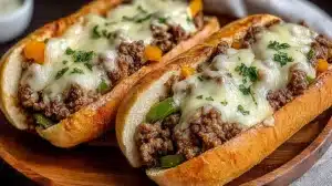 Ground Beef Philly Cheesesteaks made with seasoned ground beef, melted cheese, and peppers in hoagie buns