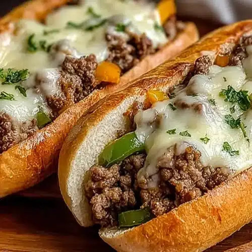 Ground Beef Philly Cheesesteaks made with seasoned ground beef, melted cheese, and peppers in hoagie buns