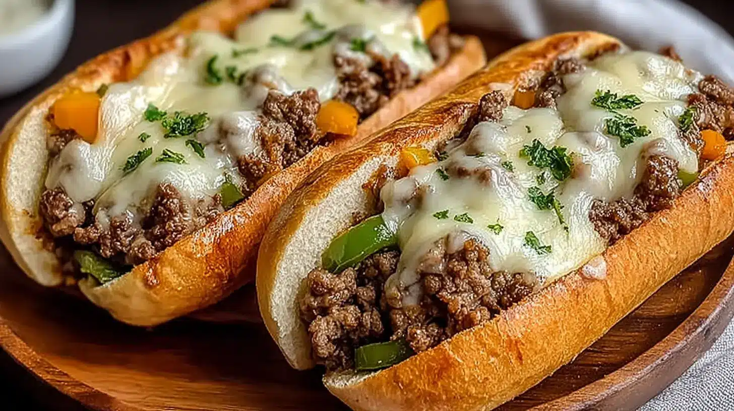 Ground Beef Philly Cheesesteaks made with seasoned ground beef, melted cheese, and peppers in hoagie buns