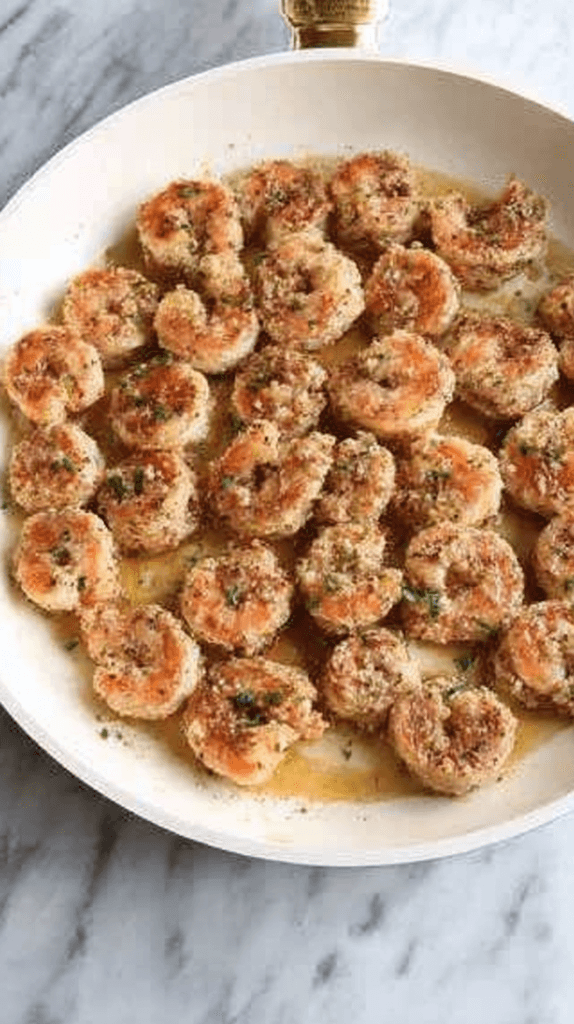 Shrimp sizzling in garlic butter in a white skillet, a simple stovetop method for gluten free shrimp recipes.
