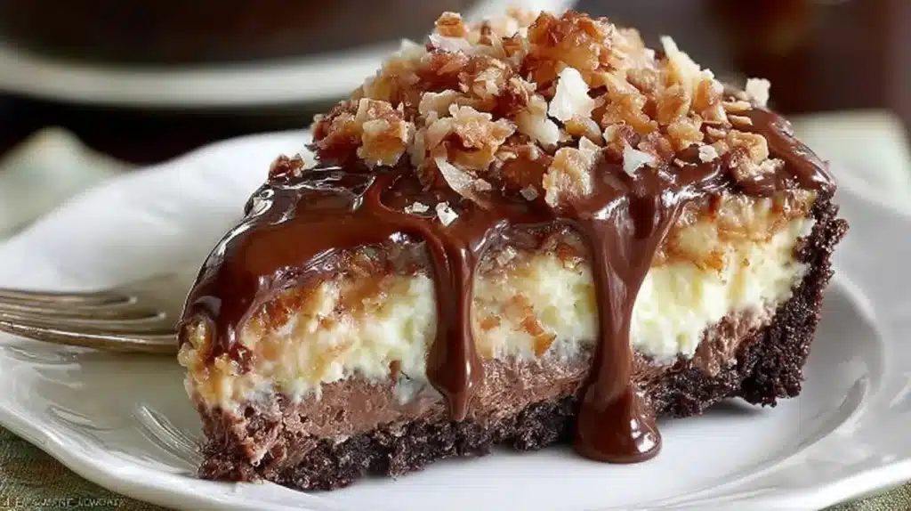 German Chocolate Cheesecake slice on a plate with chocolate ganache topping, coconut-pecan frosting layer, and a dark chocolate cookie crust