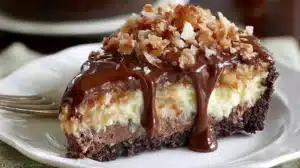 German Chocolate Cheesecake Made Simple and Stunning German Chocolate Cheesecake slice on a plate with chocolate ganache topping, coconut-pecan frosting layer, and a dark chocolate cookie crust