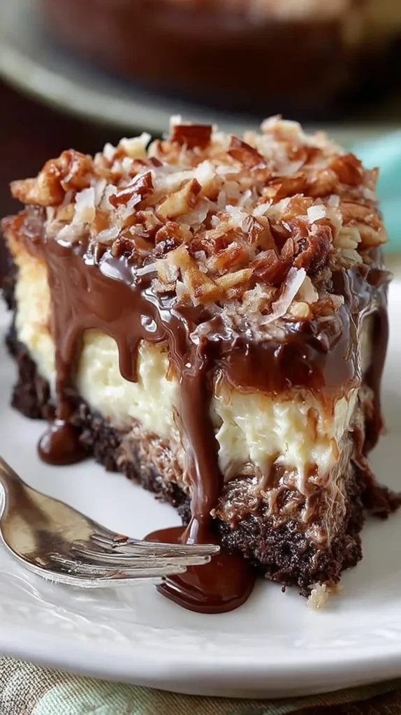 German Chocolate Cheesecake slice with rich chocolate ganache dripping over creamy cheesecake and topped with toasted coconut and chopped pecans