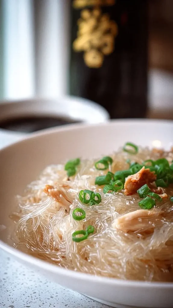Bowl of clear chicken long rice glass noodles topped with shredded chicken and sliced green onions in front of a dark bottle.