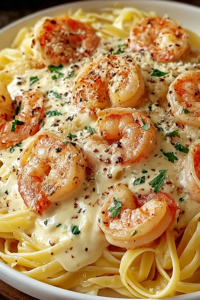 Creamy Garlic Shrimp Pasta topped with seared shrimp, creamy garlic sauce, Parmesan cheese, black pepper, and fresh parsley