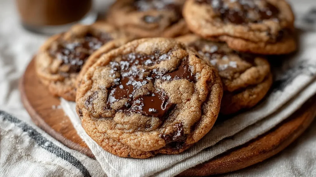 Espresso Chocolate Chip Cookies with melted chocolate centers and flaky sea salt on a wooden board