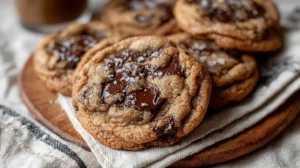 Espresso Chocolate Chip Cookies with melted chocolate centers and flaky sea salt on a wooden board