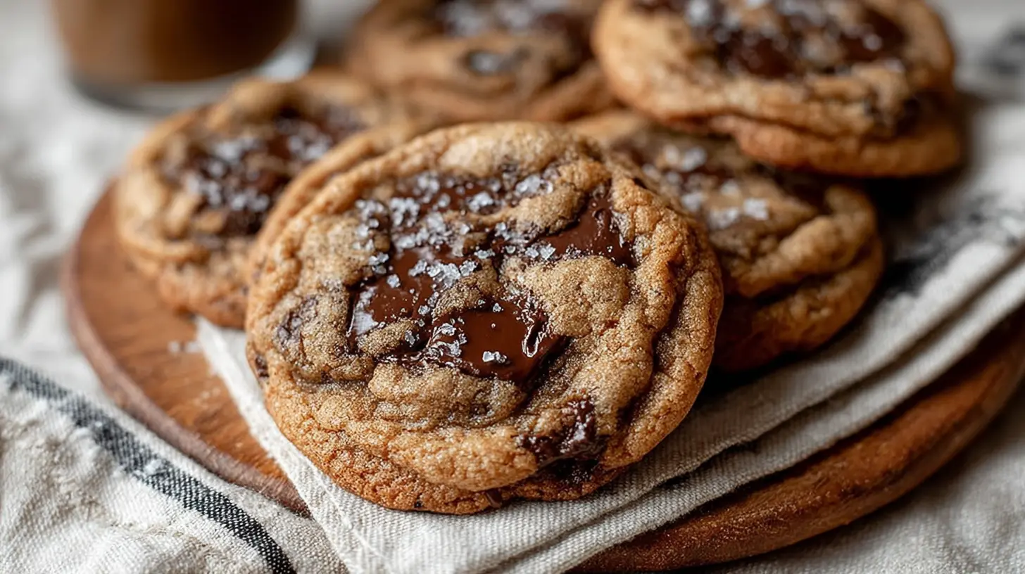 Espresso Chocolate Chip Cookies with melted chocolate centers and flaky sea salt on a wooden board