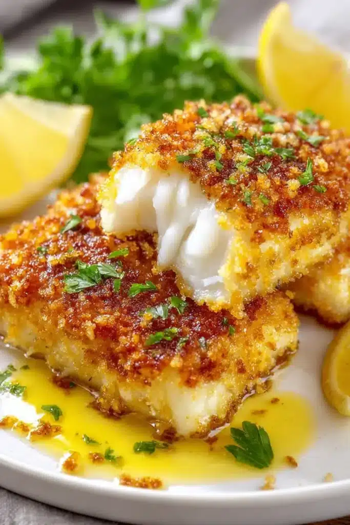 Crispy Parmesan-Crusted Cod with a golden crust, flaky white fish interior, lemon butter sauce, and fresh parsley