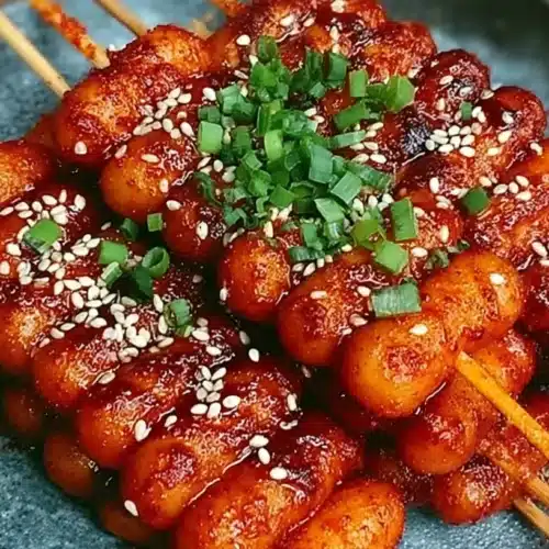 Korean spicy rice cake skewers coated in a glossy gochujang sauce, garnished with sesame seeds and chopped green onions