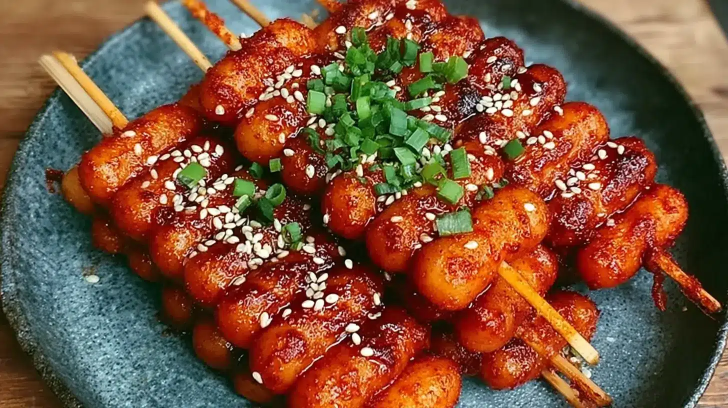Korean spicy rice cake skewers coated in a glossy gochujang sauce, garnished with sesame seeds and chopped green onions